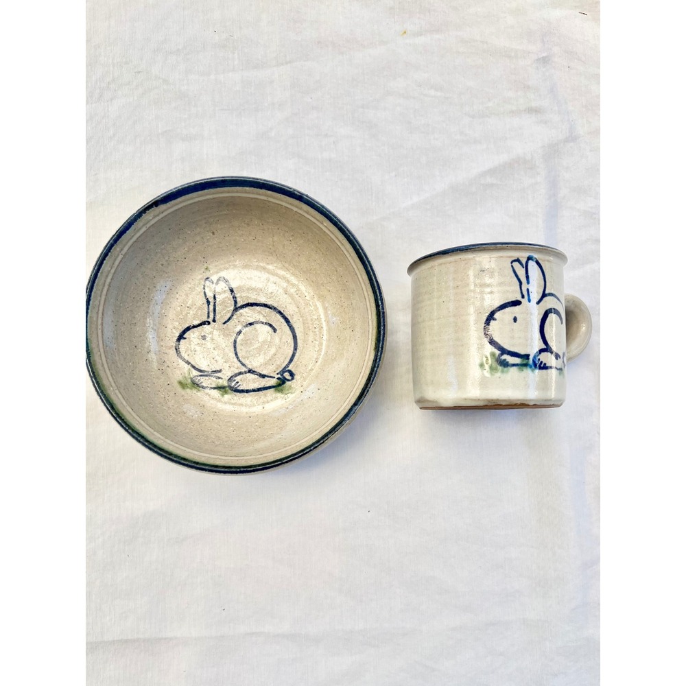 Studio Pottery Blue Bunny Rabbit Kids Bowl and Mug Set Hand Painted Stoneware